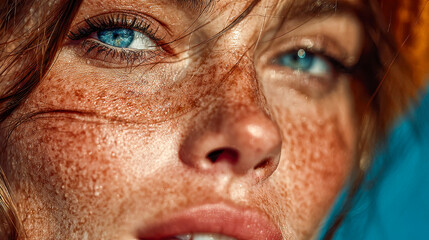 Close-up of a woman freckled face wearing sunglasses and a sunhat, bathed in bright summer light