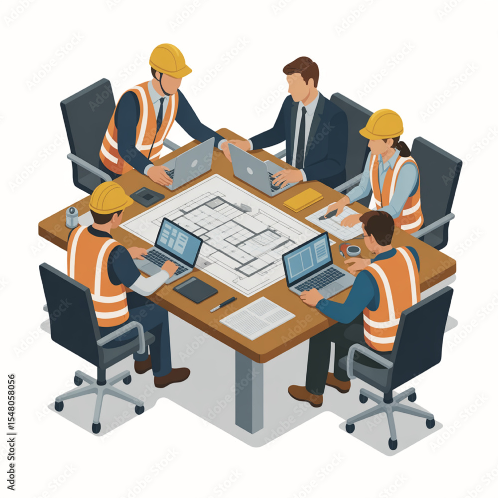 Poster architects and engineers collaborate on a construction project blueprint during a productive team me