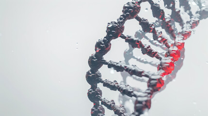 A detailed 3D rendering of a DNA strand with metallic texture and red highlights. Represents biotechnology, science, and innovation.