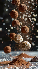 Chocolate truffles levitate dramatically with cocoa powder and sprinkles, creating a dynamic and delicious visual of gourmet indulgence.
