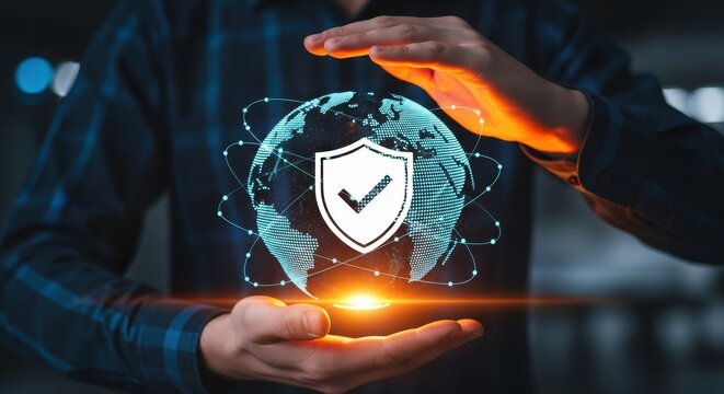 Global Security Shield: Digital Protection Concept; Cybersecurity, Worldwide Data Protection, Safe Internet