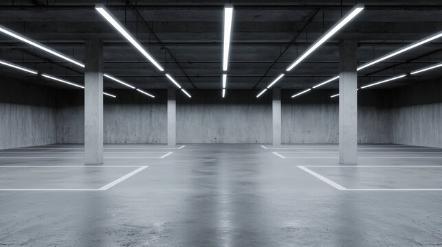 Empty modern underground parking garage with concrete walls, floors, and ceiling, illuminated by bright linear LED lights.