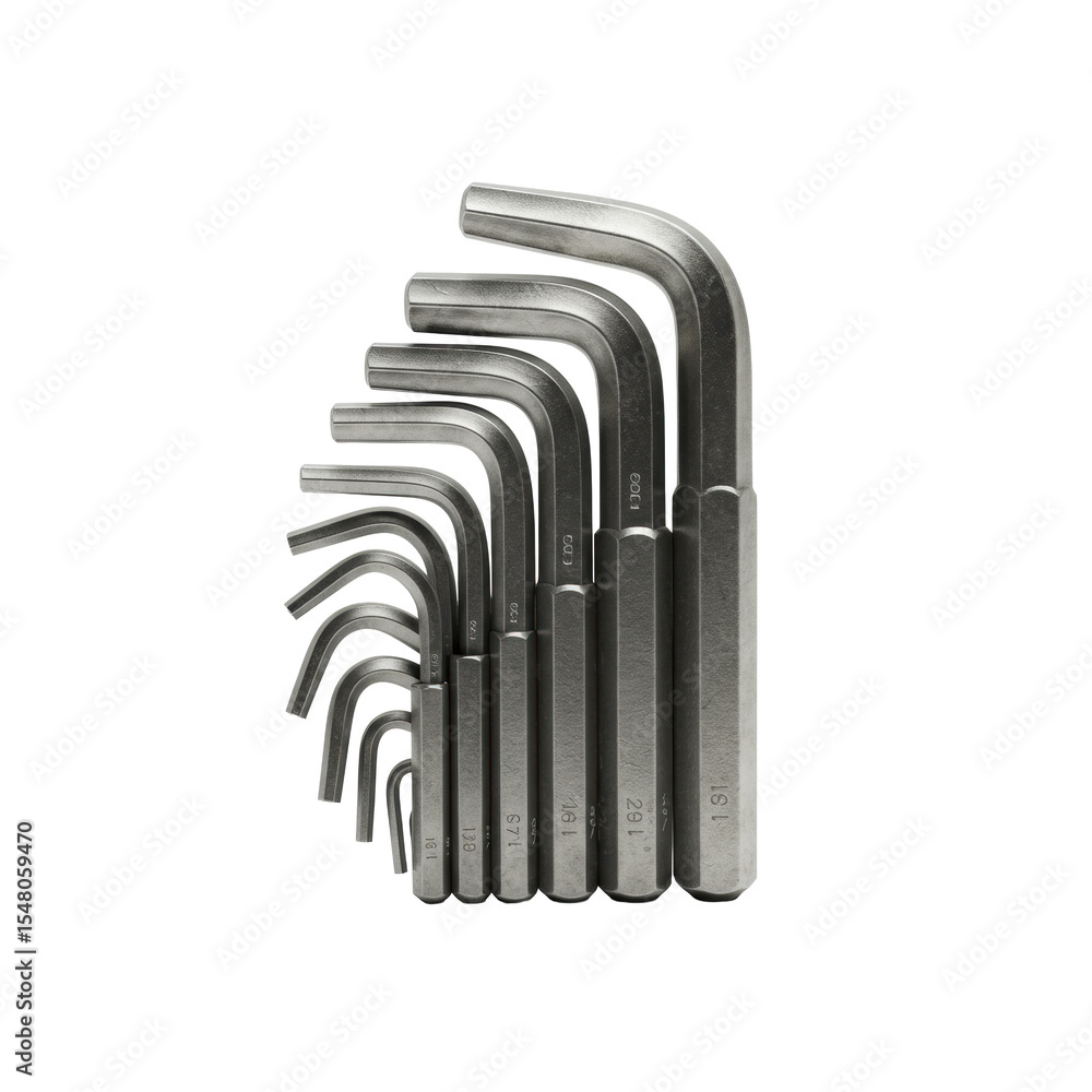 Poster pristine, new polished steel allen key set featuring multiple l-shaped hex keys of varying sizes, di