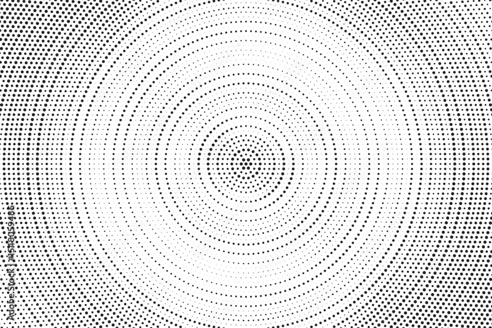 Aufkleber Radial halftone gradient background. Dotted concentric texture with fading effect. Black and white circle shade wallpaper. Grunge rough vector. Monochrome backdrop	