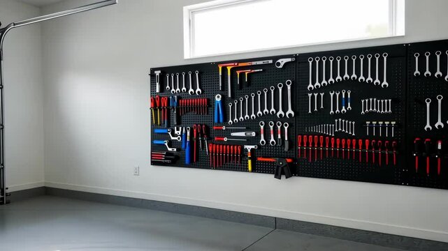 Brightly lit garage interior with organized tools on wall, wrenches, and open door.