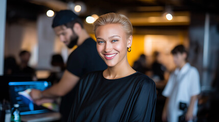 Celebrity smiling while makeup and hair teams prepare behind scenes