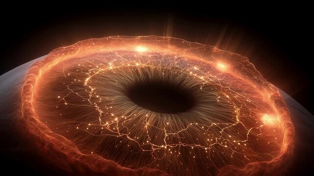 Luminous orange optic nerve and macula glowing with detailed neurological visualization during advanced medical retinal scanning procedure