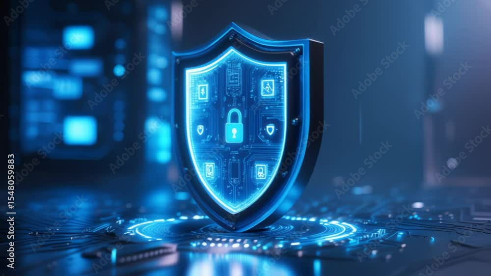 Poster futuristic glowing shield with a digital lock symbol at the center, surrounded by circuit patterns, 