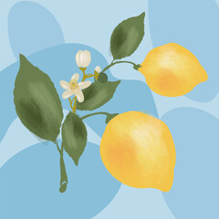 Summer vector illustration of poster or card with the image of lemons on blue Italian Mediterranean background
