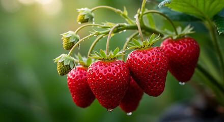 Ripe and Unripe Strawberries in the Garden