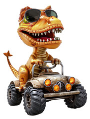 Tiny dinosaur in sunglasses drives a rugged ATV