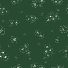 Minimal seamless floral pattern with white outline flowers and leaves on green background for modern fabric, digital surface print and wallpaper.