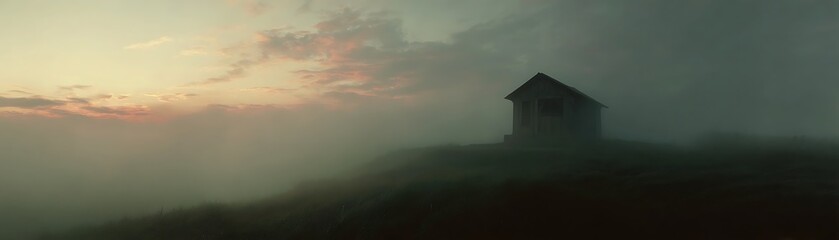 Fototapeta premium Foggy landscape with a small building.
