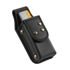 An industrial-grade black reinforced nylon safety knife holster with robust stitching, metal rivets, belt clip, and drainage hole, isolated on a transparent seamless background, concept for