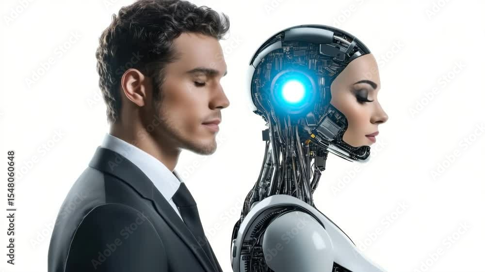 Poster Futuristic portrait: man and robot with blue glowing element. Ideal for IT and innovation themes.