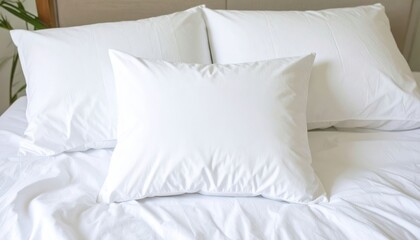 Obraz premium Cozy arrangement of white pillows on a neatly made bed, creating a fresh and inviting atmosphere for relaxation