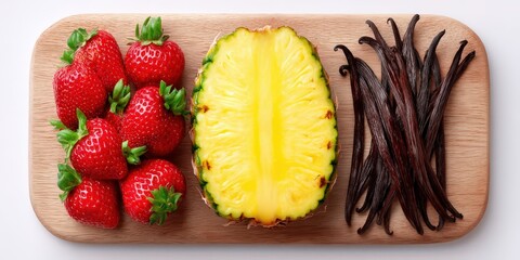 Fresh strawberries sliced pineapple and premium vanilla beans arranged on a wooden platter creating a vibrant culinary display that evokes the essence of gourmet flavor combinations