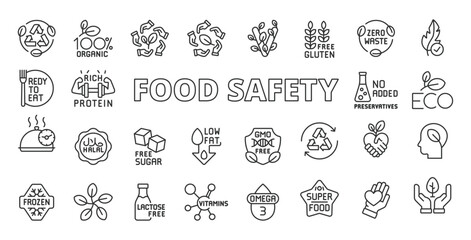 Food safety icons in line design. Food safety, hygiene, contamination, inspection, quality control, sanitation, safe food on white background vector. Food safety editable stroke icons