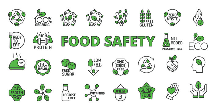 Food safety icons in line design green. Food safety, hygiene, contamination, inspection, quality control, sanitation, safe food on white background vector. Food safety editable stroke icons