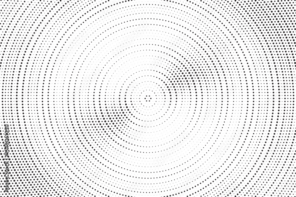 Aufkleber Radial halftone gradient background. Dotted concentric texture with fading effect. Black and white circle shade wallpaper. Grunge rough vector. Monochrome backdrop	