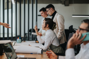 A dynamic group of business people collaborating on a project in a bustling office environment....
