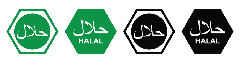 Halal Food Certified Icon Set – Circular Labels, Certification Logos & Vector Badges, of vector illustration.