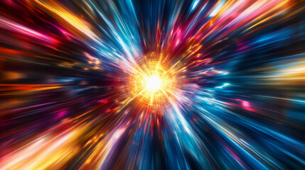 Obraz premium A vibrant explosion of multicolored light streaks radiates from a bright central point, creating a dynamic, energetic, and futuristic visual effect.