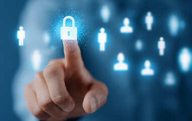 A glowing blue padlock icon, touched by a human finger, symbolizes data security and digital protection for sensitive information and personal privacy within a network of user icons.
