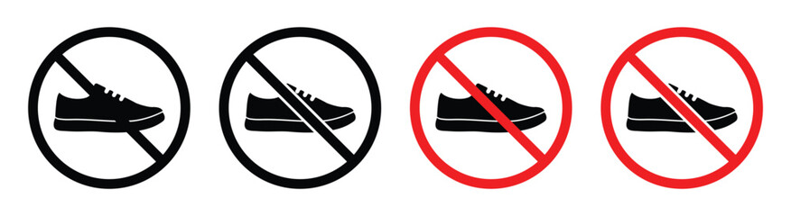 No Barefoot Prohibition Sign Set – Footprint Ban Icons and Forbidden Footstep Symbols, vector illustration.