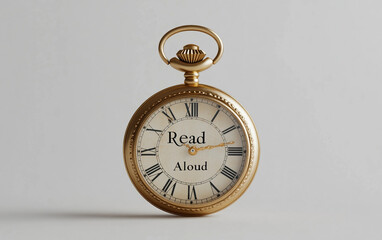 A golden pocket watch engraved with the words "Read Aloud", representing the importance of voice in literature. Generative AI.