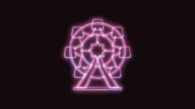Ferris Wheel Icon Neon Seamless Loop 4K with Black Background Animated Promotional Typography for Video Editing
