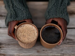 Warm hands cradling two steaming mugs of rich beverages coffee and chocolate against rustic wooden background inviting comforting moments of connection and shared warmth in cozy atmosphere