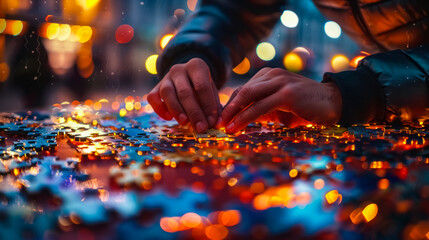 Hands placing pieces of a puzzle under warm, ambient lights. A cozy and focused atmosphere, suggesting mindfulness and relaxation through a tactile activity.