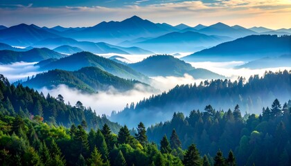Obraz premium Misty Blue Mountain Range Landscape, Nature Photography, Scenic View,Mountain range