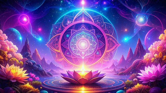 Lotus flower opening under mandala in a psychedelic interstellar landscape.