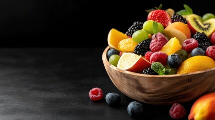 Vibrant Bowl of Fresh Fruit and Berries on Elegant Black Surface Display