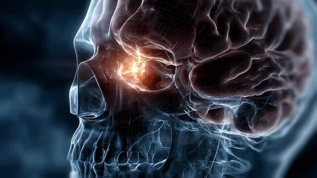 Medical animation showing melatonin production in the pineal gland, nestled deep within a transparent human skull, highlighting its role in sleep wake cycles and circadian rhythms