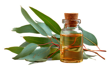 Eucalyptus essential oil bottle with fragrant leaves on a transparent background
