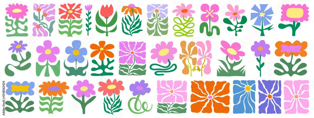 Aufkleber abstract groovy flowers set. cool hand-drawn organic floral pattern vector design. daisy shape.