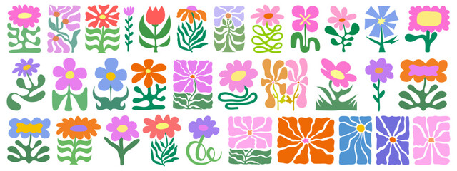Abstract Groovy Flowers Set. Cool Hand-Drawn Organic Floral Pattern Vector Design. Daisy Shape.