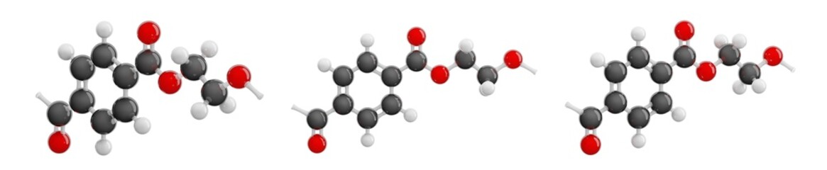 Polyethylene Terephthalate (PET). Isolated.  Transparent background. Set of views presenting detailed 3D model of molecule. Molecular formula: C10H8O4. Chemical model: Ball and Stick. 3d illustration