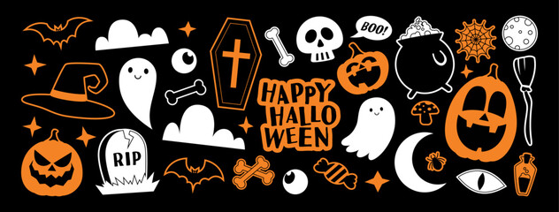 Set of stickers for Halloween design. Vector illustration with adhesive film with Halloween symbols in y2k style for decoration banner, poster, social media, web. Retro stickers.