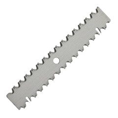 A single, new, high-carbon steel jigsaw blade for wood, with sharp angled teeth and T-shank, polished metallic grey, isolated on a transparent background, direct side view, studio lighting, industrial