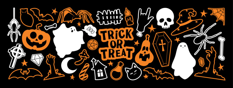 Retro stickers for Halloween design. Vector illustration with adhesive film with Halloween symbols in y2k style for decoration banner, poster, social media, web. Retro stickers.