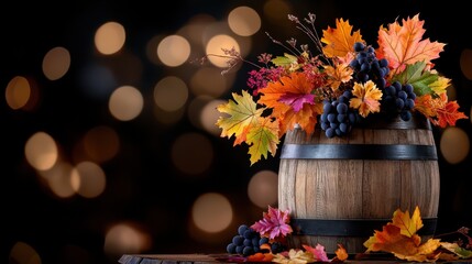Rustic Wooden Barrel Surrounded by Grapes and Vibrant Autumn Leaves