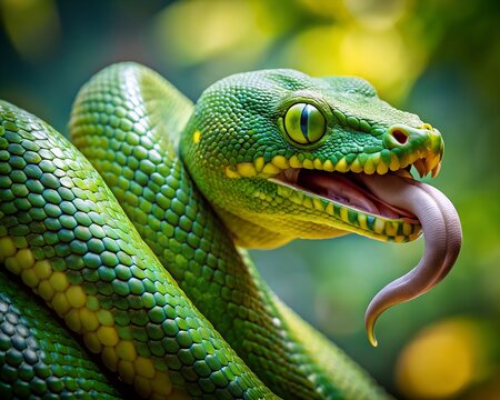 Green tree python close-up, vibrant scales, forked tongue tasting, jungle setting