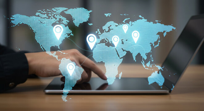 Global Connections: A digital depiction of a world map, overlaid on a sleek laptop screen, underscores the interconnectedness of our world.