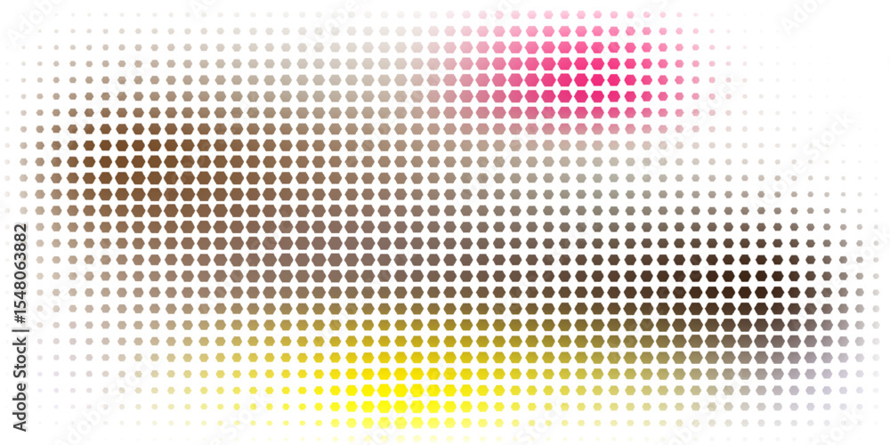 Poster dynamic halftone pattern showcasing a gradient of vibrant yellow, brown, and pink hues, creating a b