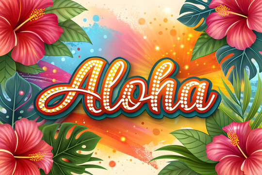 Aloha Graphic with Hibiscus Flowers and Tropical Leaves | Bright Summer Greeting for Hawaiian Themed Designs, Vacation Marketing and Party Invitations