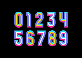 3D facet numbers set, beveled numerals 1,2,3,4,5,6,7,8,9 made in bright chiseled blocks, vector illustration 10EPS